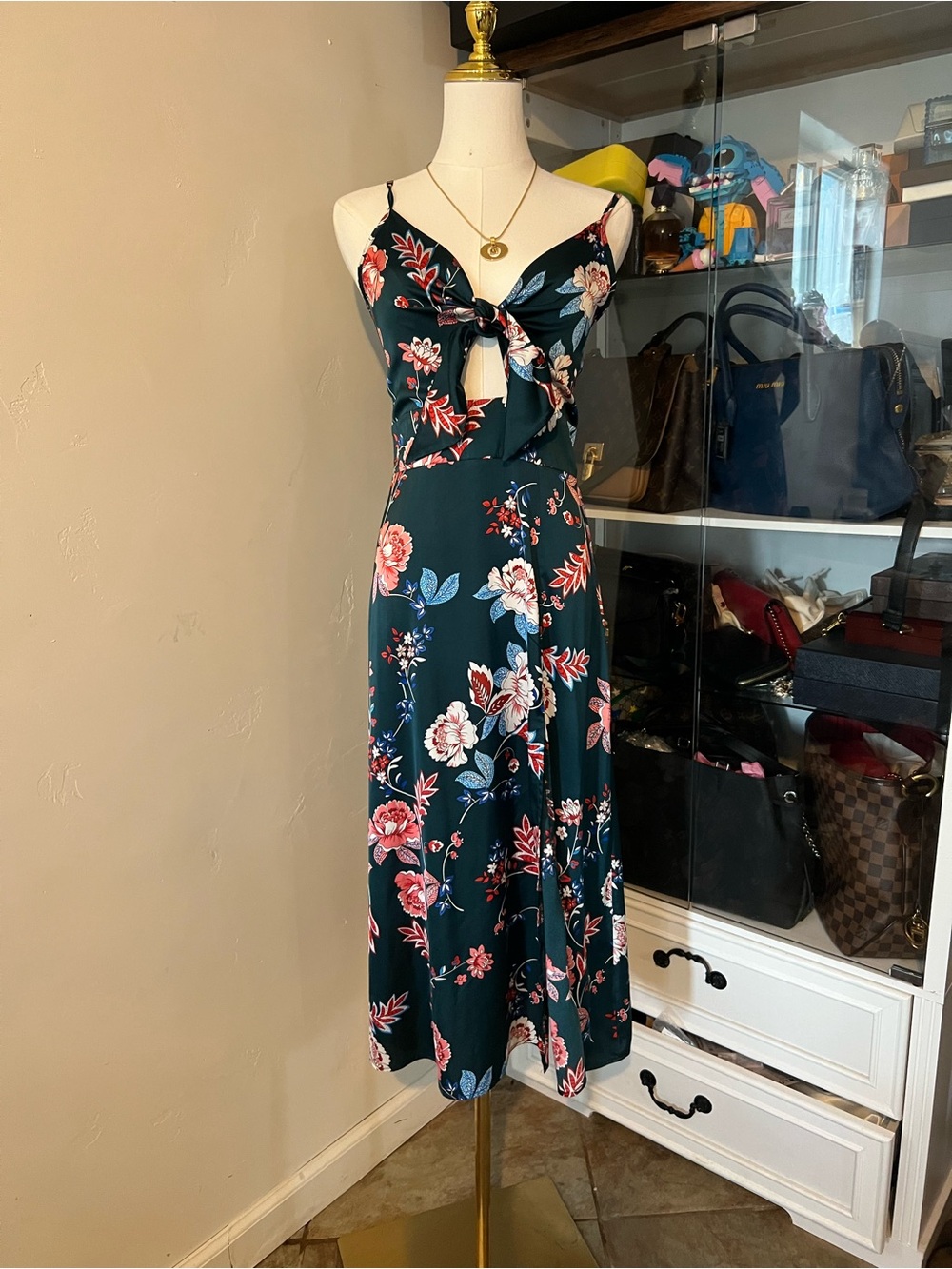 Amazon Teal Floral Midi Dress with Pink Flowers and Side Slit - Picture 4 of 6